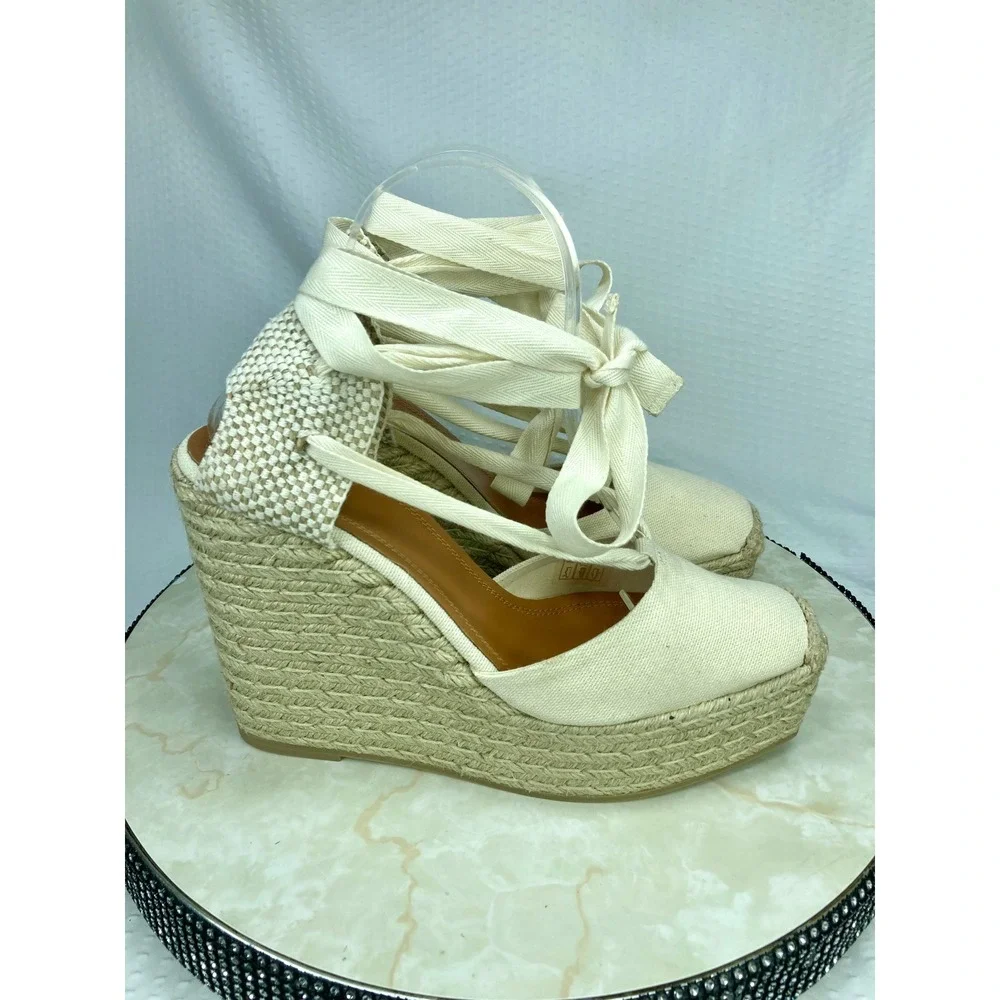 Polo Ralph Lauren Canvas Lace Up Espadrille Wedge Sandals Womens Sz 9 Ivory NWT